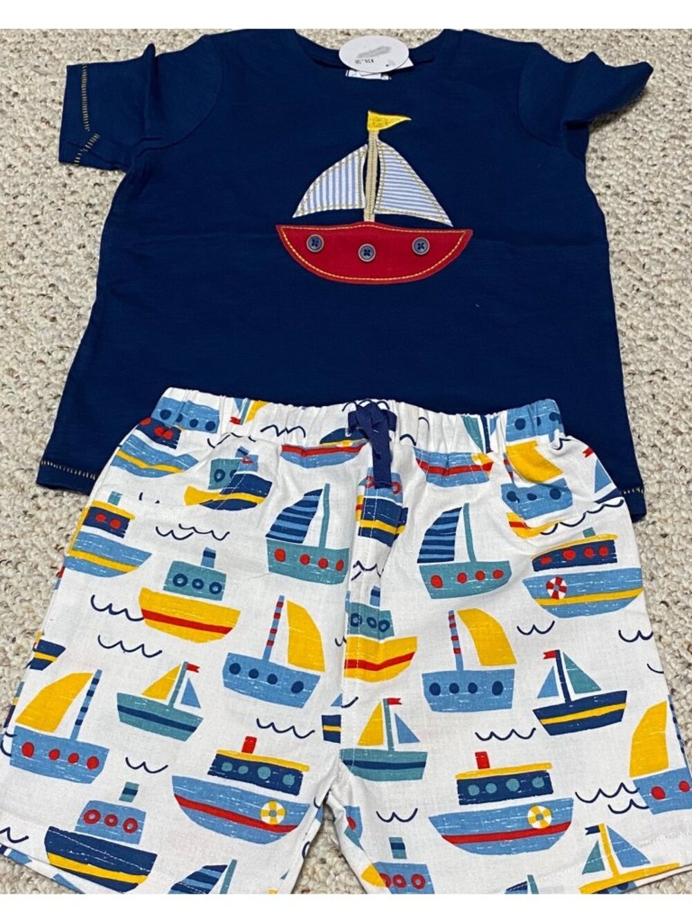 Mud Pie boy 4T 5T NWT shorts set Sailboat applique seersucker nautical beach